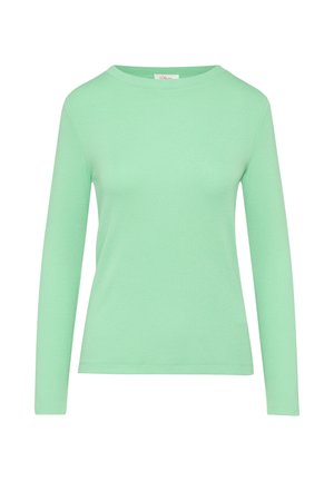 Camicia a maniche lunghe di colore verde menta, realizzata in tessuto a costine. Presenta un collo rotondo e una silhouette aderente. Texture liscia, senza motivi né dettagli.