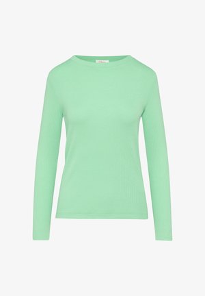 Camicia a maniche lunghe di colore verde menta, realizzata in tessuto a costine. Presenta un collo rotondo e una silhouette aderente. Texture liscia, senza motivi né dettagli.