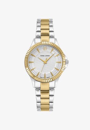 Ura s srebrnim in zlatim tonom z teksturiranim belim številčnicom, zlatimi akcenti in dvojnim kovinskim pasom. Ima rebrast zlat obroč in logotip.