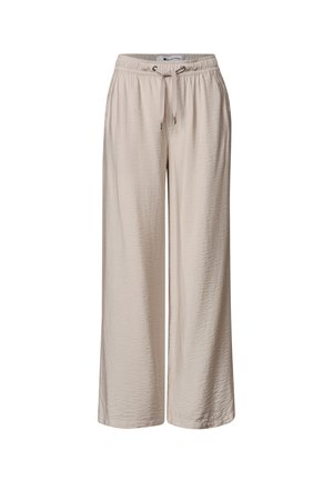 Pantalon beige ample à jambes larges avec taille élastique et cordon de serrage, fabriqué en tissu léger texturé.