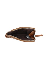 Brown leather wallet with a zippered opening, featuring a dark fabric interior, card slots, and a small leather pull tab.