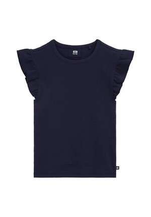 Camiseta de manga corta para niños en azul marino con textura acanalada, mangas con volantes y cuello redondo, talla 122/128.