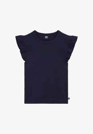 Dziecięca granatowa prążkowana bluzka z krótkim rękawem, ozdobiona falbankami na rękawach i okrągłym dekoltem, rozmiar 122/128.