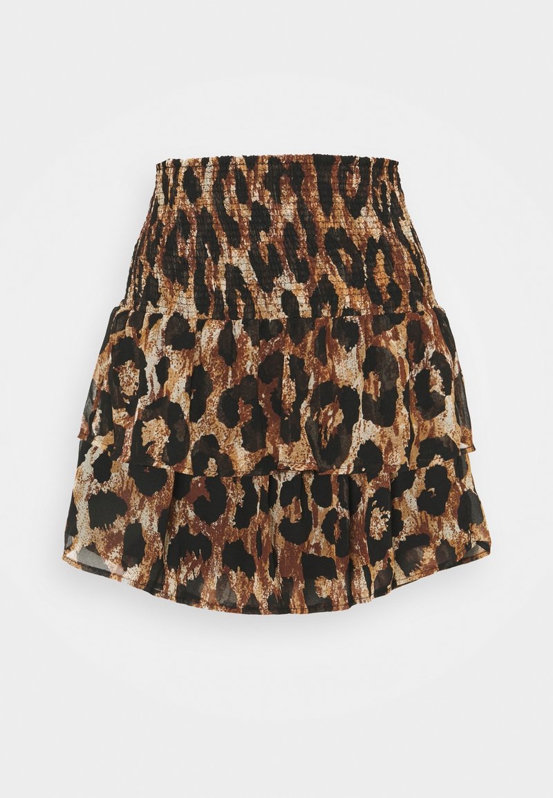Jupe courte à volants avec taille haute smockée et motif léopard marron, noir et beige.