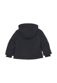 Giacca nera con cappuccio dal design corto, dotata di maniche lunghe e polsini a costine, texture liscia e senza motivi o accessori visibili.