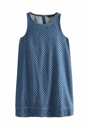 Abito senza maniche blu con motivo a scacchi, realizzato in tessuto di denim. Ha un colletto rotondo e una chiusura con zip sul retro con un piccolo bottone.
