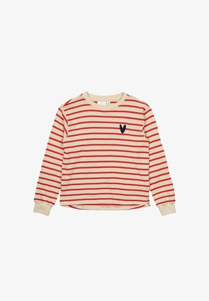 Red and beige striped long-sleeve shirt, cotton fabric, crew neck, featuring a small navy heart logo on the left side.