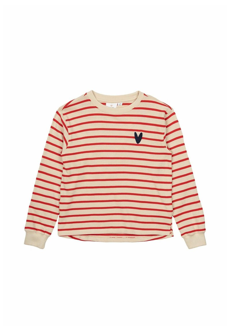 Camisa de manga larga a rayas rojas y beige, de tela de algodón, con cuello redondo, que presenta un pequeño logo de corazón azul marino en el lado izquierdo.