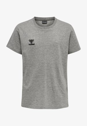 Grå bomullströja med kort ärm, rund hals och en liten svart "hummel"-logotyp på vänster bröst. Slät textur, avslappnad passform.