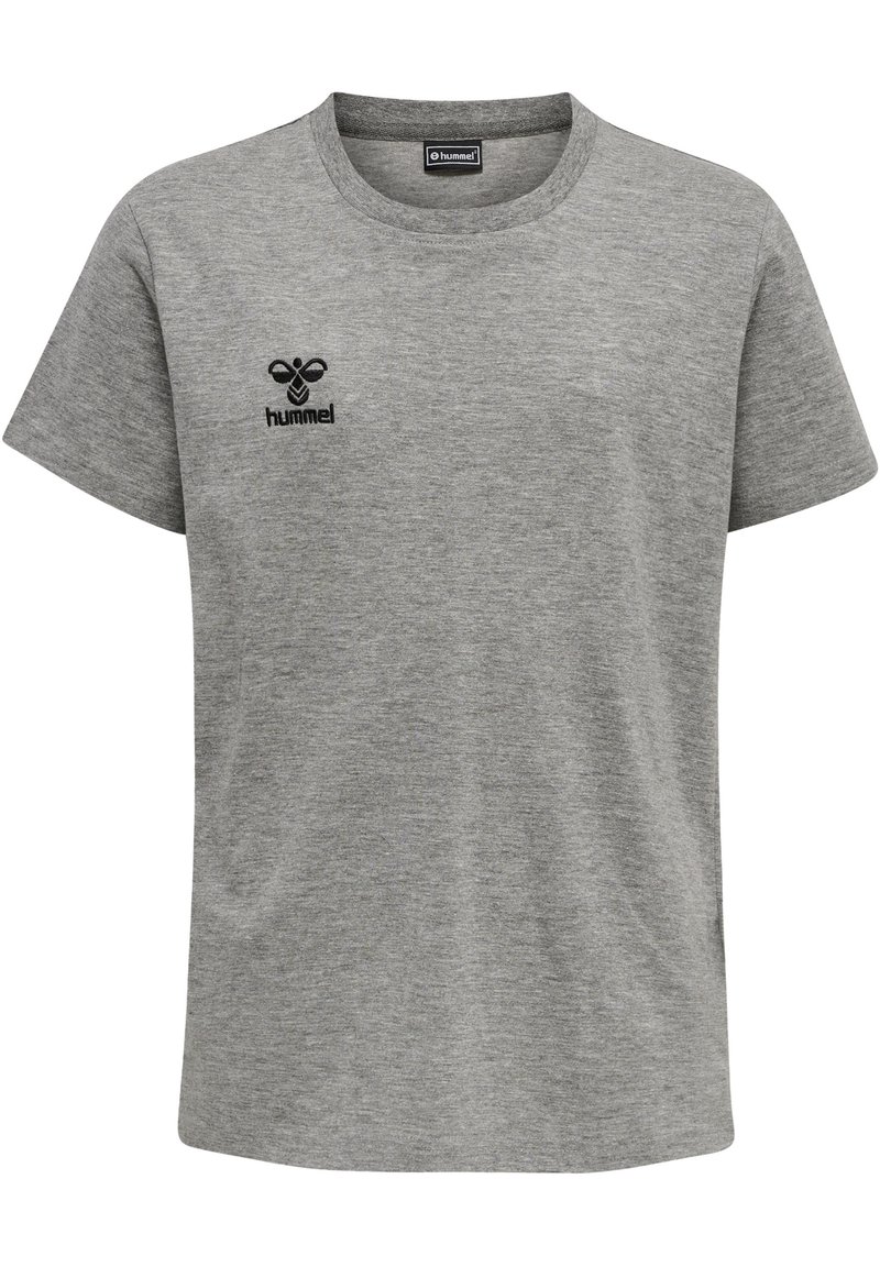 Grå bomullströja med kort ärm, rund hals och en liten svart "hummel"-logotyp på vänster bröst. Slät textur, avslappnad passform.