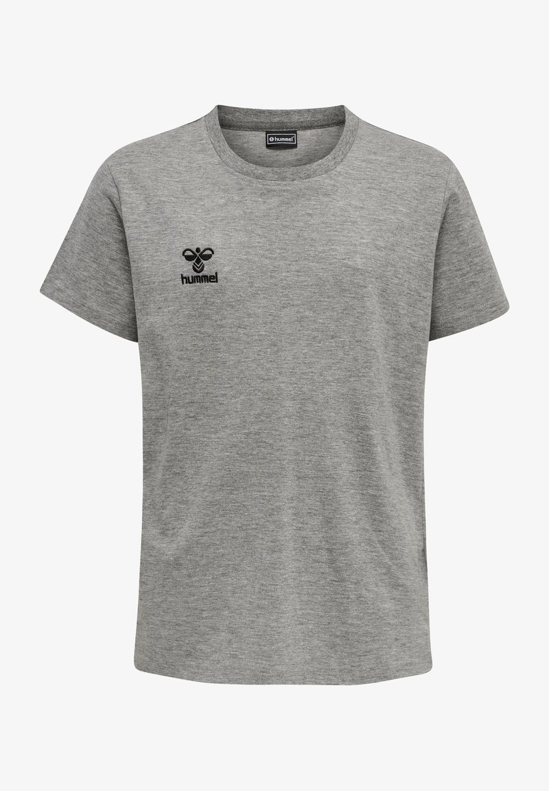 Grå bomullströja med kort ärm, rund hals och en liten svart "hummel"-logotyp på vänster bröst. Slät textur, avslappnad passform.