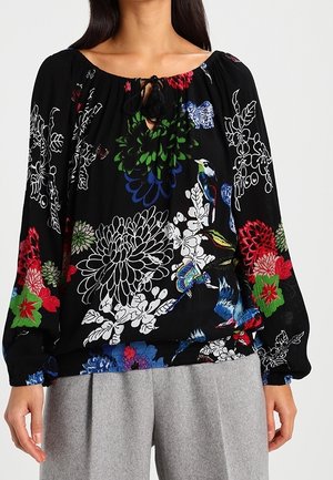 Zwarte blouse met bloemenprint en een ontspannen pasvorm, voorzien van kleurrijke bloemen- en vogelpatronen, elastische manchetten en een keyhole-halslijn met een strikje.