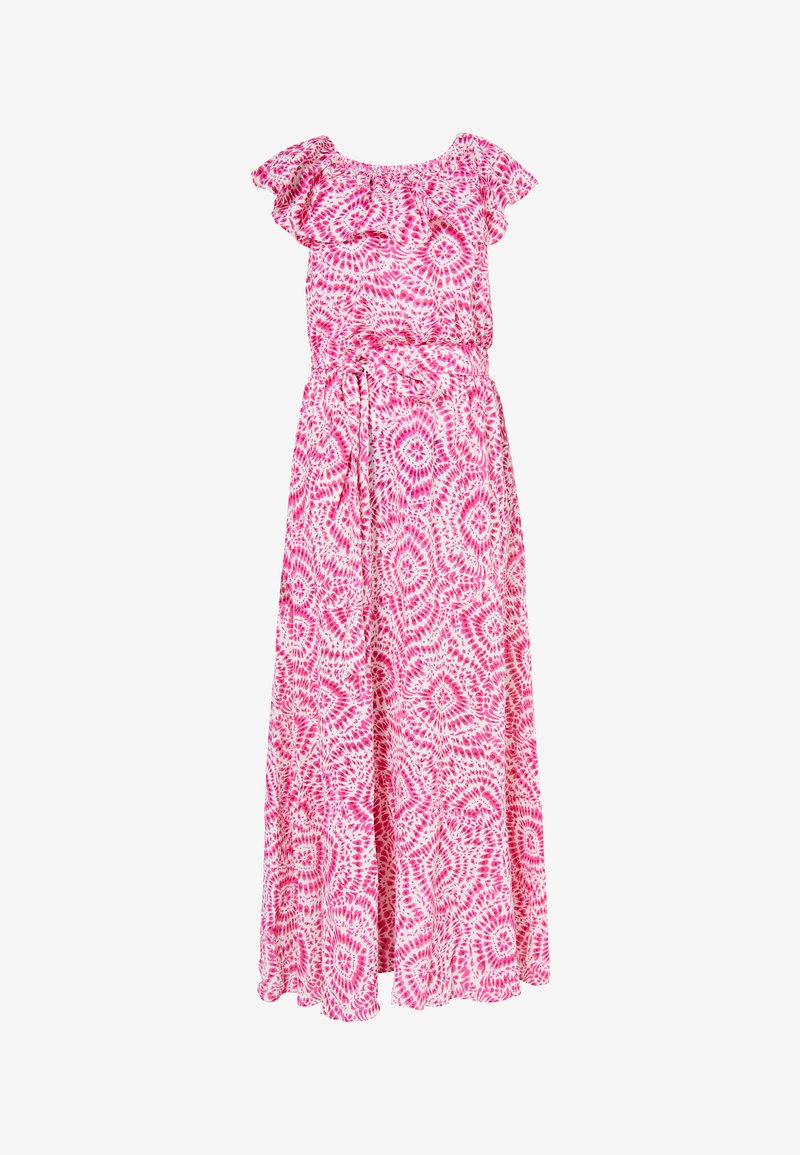 Maxi-jurk van lichtgewicht stof, met een roze en witte print, korte mouwen met ruches en een getailleerde taille. Vloeiend en enkel-lang.