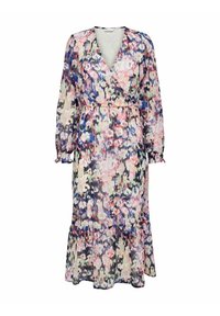 Floral-patterned, lightweight dress featuring a v-neck, long sleeves, and a ruffled hem. Colors include pink, blue, and green on a cream background.