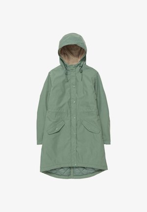 Long green waterproof coat with a hood, featuring a plush inner lining, snap button closure, and two front patch pockets.