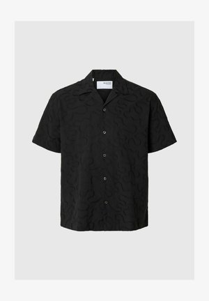 Black short-sleeve shirt featuring a textured wavy pattern, button front, and a classic collar design. Made of soft, lightweight fabric.