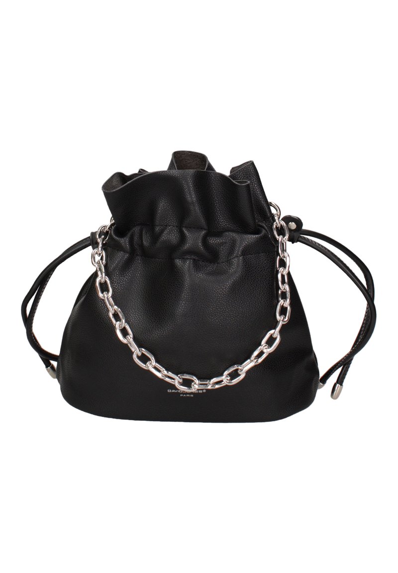 Borsa a secchiello in pelle nera con parte superiore arricciata, dettagli in catena argentata e chiusura con coulisse. Texture liscia e design leggero.