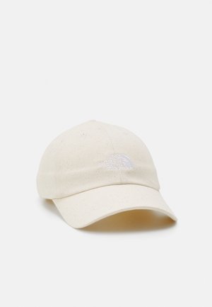Casquette de baseball beige en coton avec une visière incurvée et un logo blanc brodé "The North Face" au centre avant.