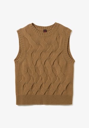 Maglione senza maniche lavorato a maglia marrone con un motivo a treccia testurizzato, scollo rotondo e orli a coste su fondo e braccia.
