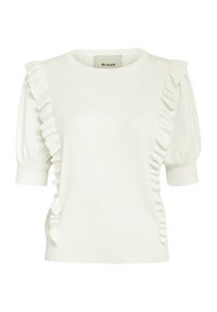 Vit kortärmad tröja med volangdetaljer längs sidorna, ribbad halsringning och ärmslut, tillverkad av mjukt stickat material.