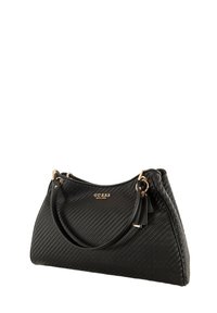 Borsa a tracolla nera in sintetico con superficie texture, dettagli in metallo dorato e logo. Presenta una forma curva e un dettaglio a nappina removibile.