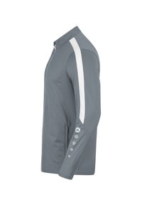 Grau Jacke mit Stehkragen, weißem Seitestreifen, Knopfverzierungen an den Ärmeln und einer glatten, leichten Stofftextur.