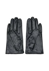 Černé kožené rukavice s hladkou texturou, pět prstů a těsné provedení. Bez viditelného kovového příslušenství nebo vzorů.