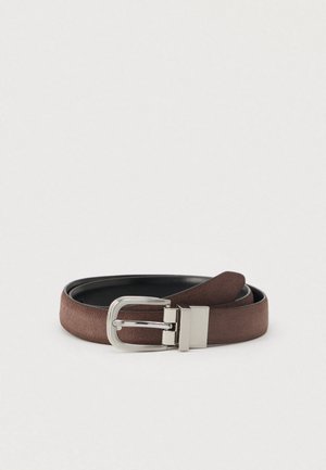 Brown suede belt with a silver metal buckle, featuring a smooth surface and a modern design. The belt is flat with a rounded end.