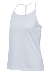 Top in cotone bianco, leggero, con spalline sottili, taglio rilassato e una leggera texture. Presenta un piccolo logo sulla parte frontale.