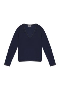 Maglione navy a V in tessuto morbido con maniche lunghe. L'orlo e i polsini presentano dettagli in filo metallico. Piccolo logo sulla parte anteriore sinistra.