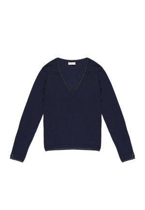 Maglione navy a V in tessuto morbido con maniche lunghe. L'orlo e i polsini presentano dettagli in filo metallico. Piccolo logo sulla parte anteriore sinistra.