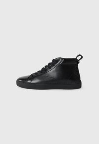 Black leather high-top sneakers with a smooth finish, round toe, and lace-up front. Features a pull tab at the back and a solid rubber sole.
