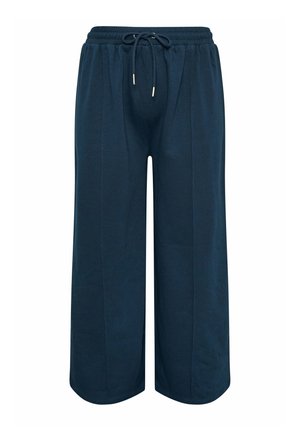 Pantaloni a gamba larga blu navy con vita elasticizzata e coulisse, con dettaglio di cucitura che corre verticalmente su ogni gamba.