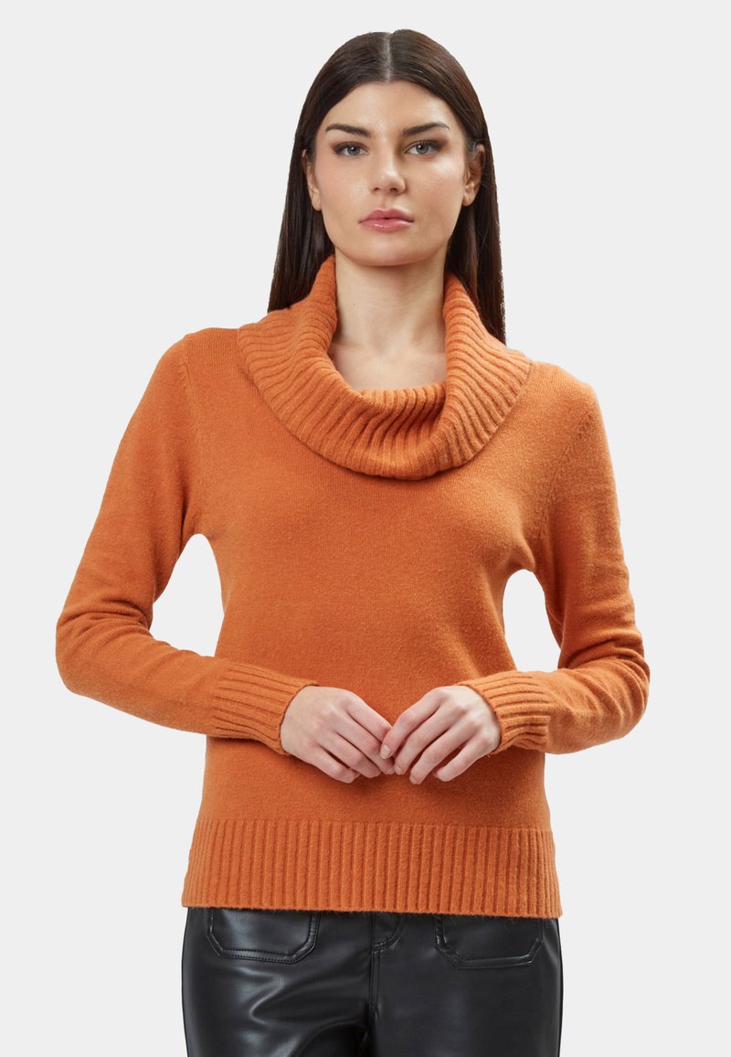 Kielhals oranje trui met geribde manchetten en zoom, gemaakt van zachte stof, getailleerde stijl, aangevuld met een gladde textuur.