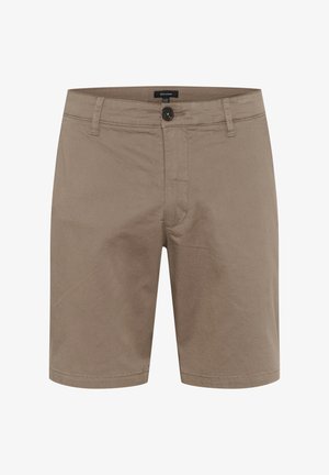 Svetlohnedé šortky vyrobené z bavlny, s gombíkovým zapínaním a pútkami na opasok. Tkanina má hladkú textúru a rovné nohavice.