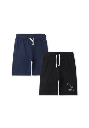 Dwie pary szortów: jedna granatowa, druga czarna. Obie mają elastyczne paski w talii z sznurkiem. Czarne szorty mają biały nadruk "LA".