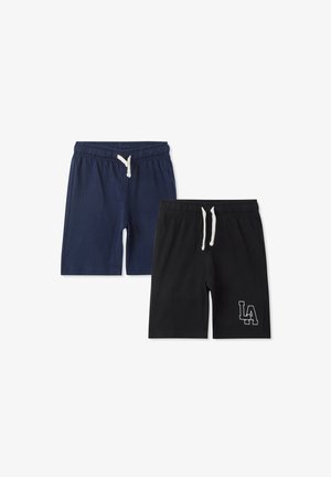 Dwie pary szortów: jedna granatowa, druga czarna. Obie mają elastyczne paski w talii z sznurkiem. Czarne szorty mają biały nadruk "LA".