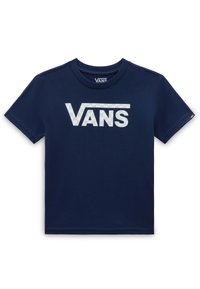 Mörkblå kortärmad T-shirt i bomull med en stor vit "VANS"-logotyp och en rutigt accent. Klassisk t-shirt med rund hals.