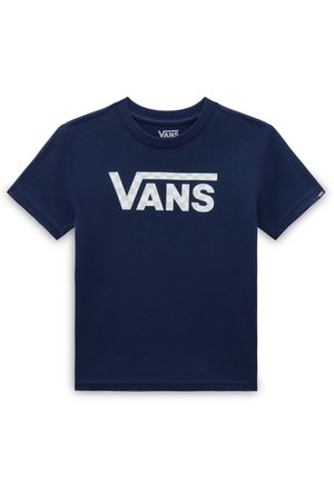 Granatowa koszulka z krótkim rękawem, wykonana z bawełny, z dużym białym logo "VANS" z szachownicowym akcentem. Klasyczny krój z okrągłym dekoltem.