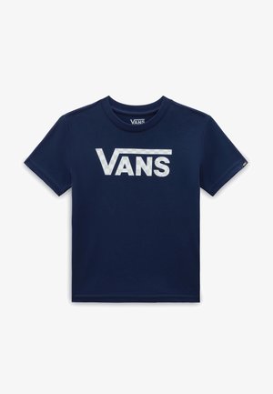 Marineblauw T-shirt met korte mouwen, gemaakt van katoen, met een groot wit "VANS" logo en een geblokte accent. Klassiek ronde hals ontwerp.
