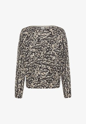 Knit pullover in beige with a black and brown abstract leopard print. Features a wide crew neckline and long sleeves. Soft texture.