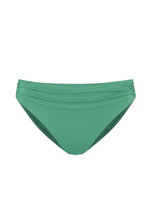 Green bikini bottom featuring a smooth fabric texture with gathered detailing on the sides and a low-rise design.