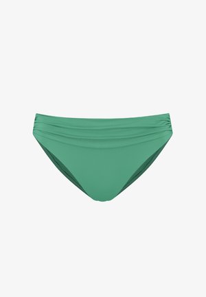 Slip bikini verde con texture del tessuto liscia, dettagli arricciati sui lati e design a vita bassa.