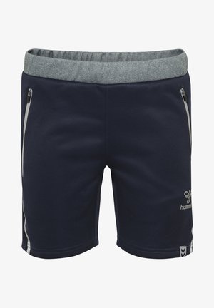 Bermudas deportivas de un oscuro color azul marino con una cinturilla elástica gris, que cuentan con dos bolsillos laterales con cremallera y acentos reflectantes en las costuras.