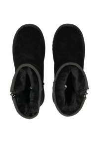 Schwarze Wildleder-Stiefeletten mit einem weichen Fellfutter, ausgestattet mit einem grauen Stoffbesatz und seitlichen Reißverschlüssen für ein einfaches Anziehen.