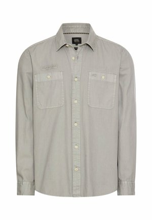 Light grey long-sleeve button-up shirt with two chest pockets and a collar, displayed on a plain background.