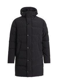 Svart vadderad parka-jacka med hög krage, framknapplås, fickor på sidorna och kviltat mönster. Slät textur och minimalistisk stil.