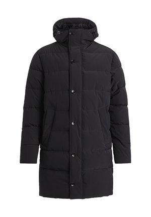 Parka noire matelassée avec un col montant, fermeture à boutons sur le devant, poches latérales et un design matelassé. Texture lisse et style minimaliste.