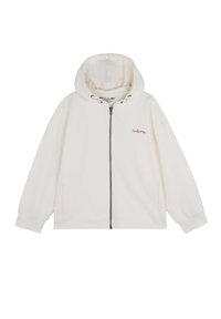 Hoodie in off-white, met een voorzak met rits, twee zijzakken, ribgebreide manchetten en een klein rood logo op de borst. Glad textuur.