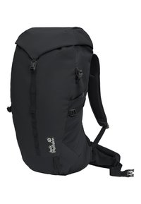 Sac à dos de randonnée Black Jack Wolfskin avec bretelles rembourrées, fermeture à rabat supérieur, boucle frontale et sangles de compression latérales réglables.